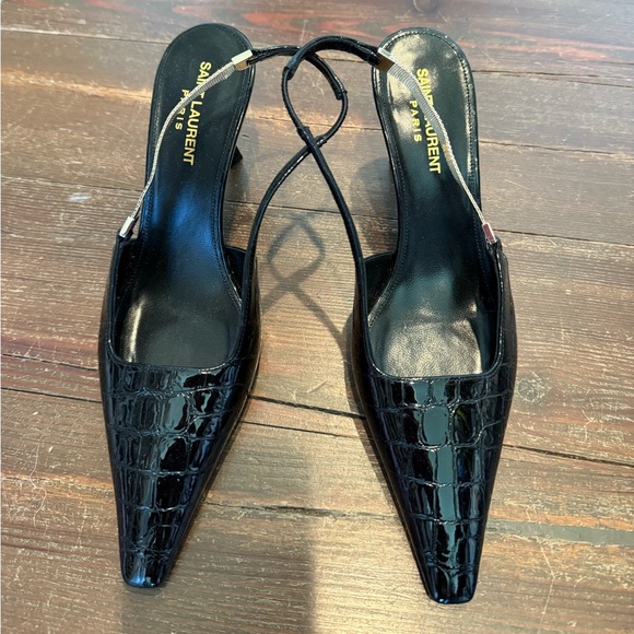 Saint Laurent Glossy Black Croc Heels - Picture 1 of 4